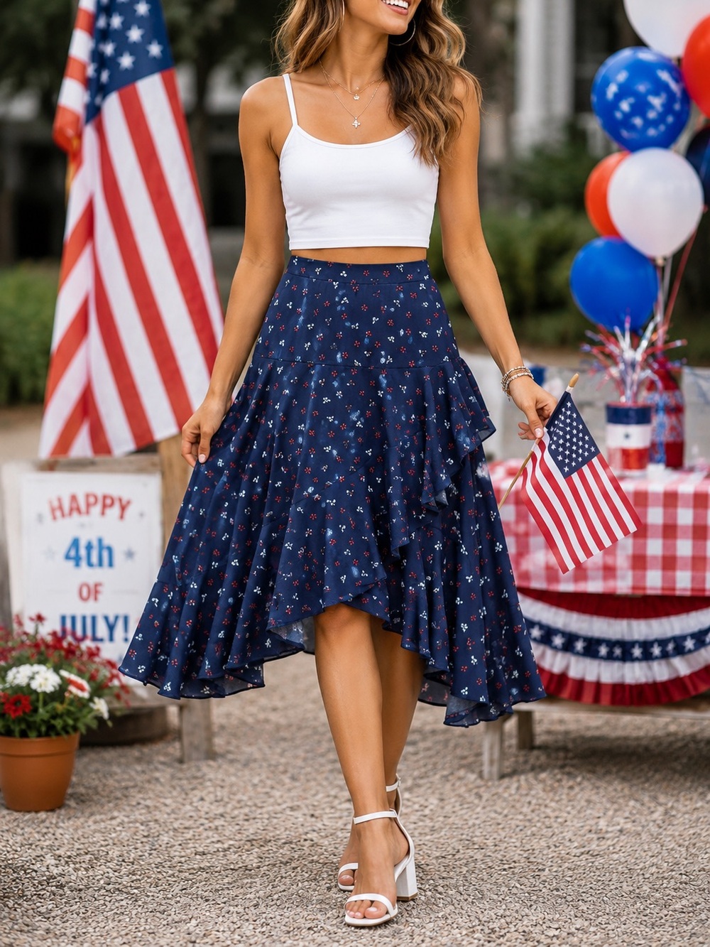 H&M Floral Asymmetrical Ruffle Midi Skirt Size Red White Blue Back to School - Picture 2 of 14